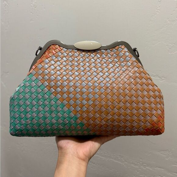 Colorblock Woven Cowhide Handmade Custom Metal Frame Handbag, Multi Use Style - Picture 8 of 16